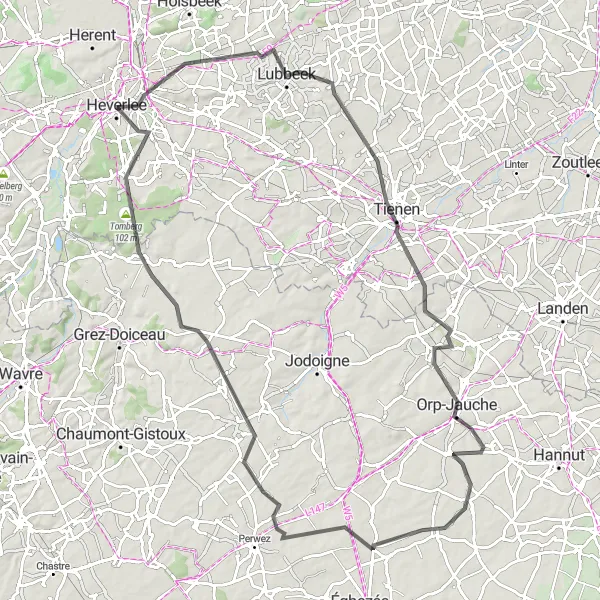 Karten-Miniaturansicht der Radinspiration "Radtour durch Orp-Jauche und Incourt" in Prov. Vlaams-Brabant, Belgium. Erstellt vom Tarmacs.app-Routenplaner für Radtouren