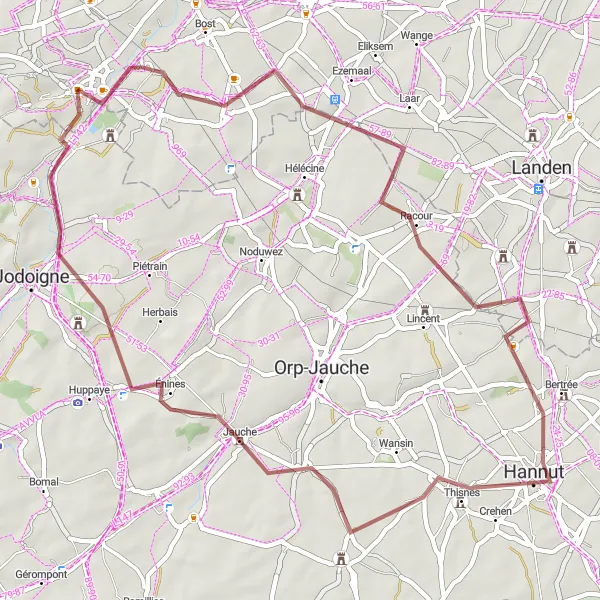 Map miniature of "Hoegaarden to Hannut Gravel Route" cycling inspiration in Prov. Vlaams-Brabant, Belgium. Generated by Tarmacs.app cycling route planner