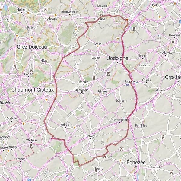 Map miniature of "Hoegaarden to L'Écluse Gravel Route" cycling inspiration in Prov. Vlaams-Brabant, Belgium. Generated by Tarmacs.app cycling route planner