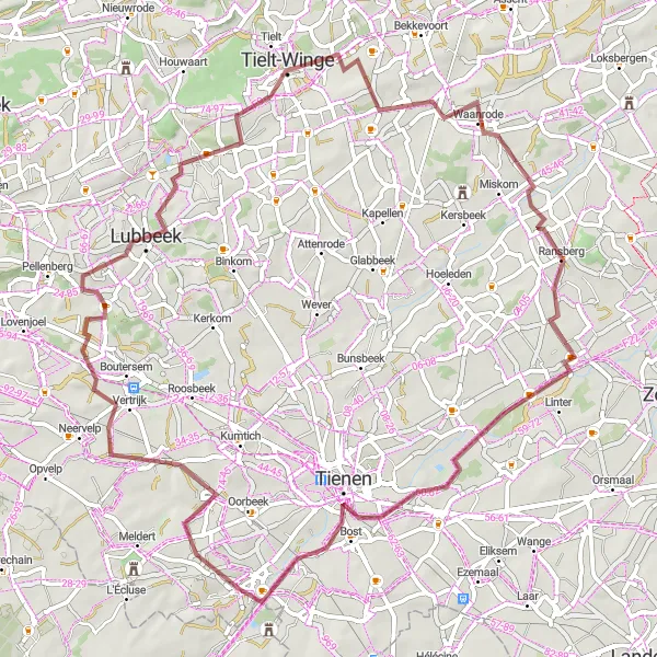 Miniature de la carte de l'inspiration cycliste "Tour pittoresque à Tienen" dans la Prov. Vlaams-Brabant, Belgium. Générée par le planificateur d'itinéraire cycliste Tarmacs.app