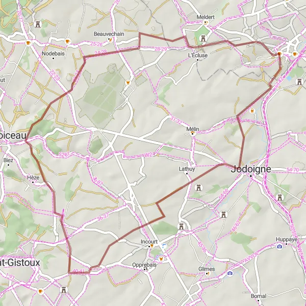 Miniature de la carte de l'inspiration cycliste "Parcours gravel vers Jodoigne" dans la Prov. Vlaams-Brabant, Belgium. Générée par le planificateur d'itinéraire cycliste Tarmacs.app