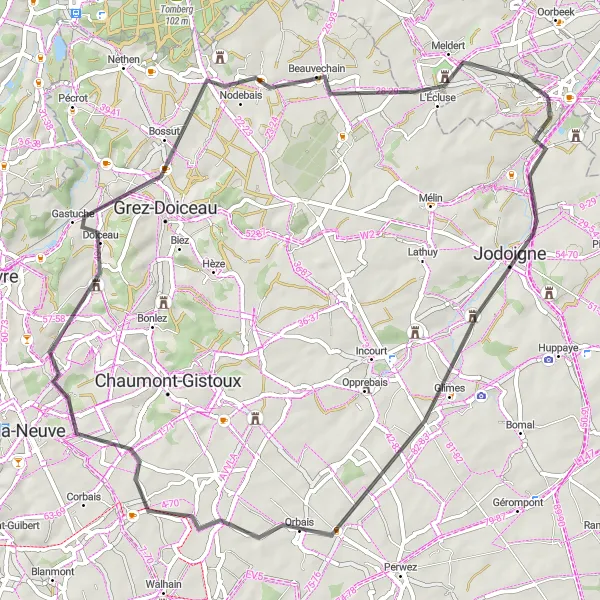 Map miniature of "Hoegaarden to Jodoigne Road Route" cycling inspiration in Prov. Vlaams-Brabant, Belgium. Generated by Tarmacs.app cycling route planner