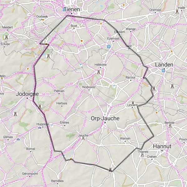 Miniature de la carte de l'inspiration cycliste "Parcours routier vers Jodoigne" dans la Prov. Vlaams-Brabant, Belgium. Générée par le planificateur d'itinéraire cycliste Tarmacs.app
