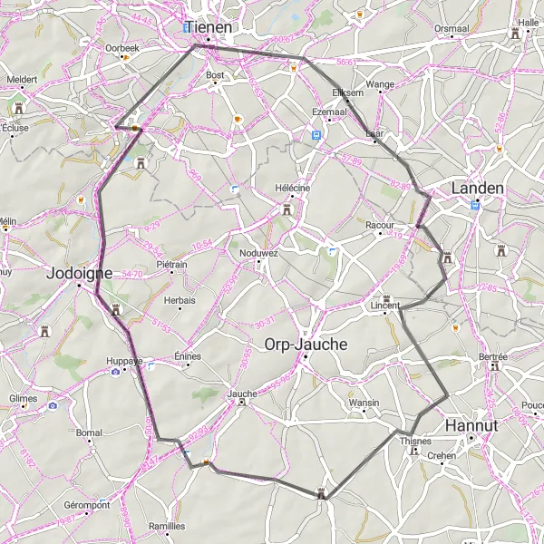 Miniatuurkaart van de fietsinspiratie "Fietsroute Hoegaarden - Jodoigne - Tienen - Château de Zétrud" in Prov. Vlaams-Brabant, Belgium. Gemaakt door de Tarmacs.app fietsrouteplanner