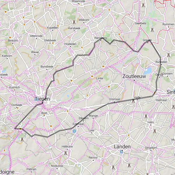 Miniature de la carte de l'inspiration cycliste "Circuit autour de Hoegaarden" dans la Prov. Vlaams-Brabant, Belgium. Générée par le planificateur d'itinéraire cycliste Tarmacs.app