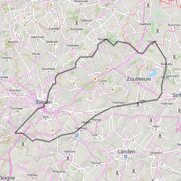 Miniatuurkaart van de fietsinspiratie "Rondrit Hoegaarden - Goetsenhoven" in Prov. Vlaams-Brabant, Belgium. Gemaakt door de Tarmacs.app fietsrouteplanner