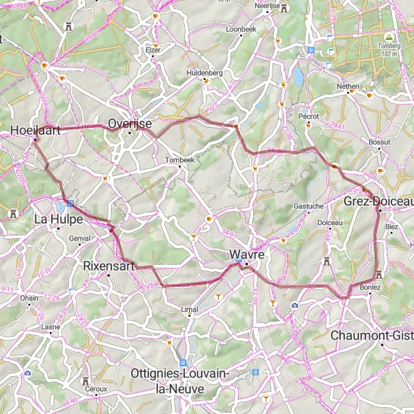 Miniature de la carte de l'inspiration cycliste "Aventure cran gravel d'Overijse à Hoeilaart" dans la Prov. Vlaams-Brabant, Belgium. Générée par le planificateur d'itinéraire cycliste Tarmacs.app