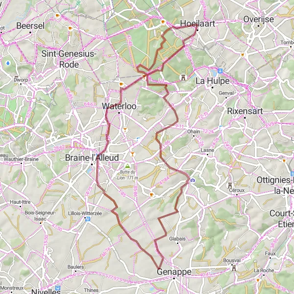 Miniatuurkaart van de fietsinspiratie "Pittoreske fietstocht van Hoeilaart naar Waterloo en Braine-l'Alleud" in Prov. Vlaams-Brabant, Belgium. Gemaakt door de Tarmacs.app fietsrouteplanner