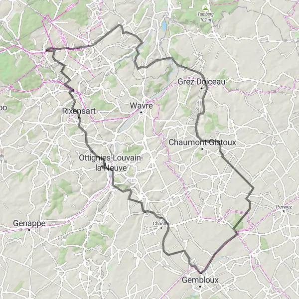 Miniature de la carte de l'inspiration cycliste "Les Châteaux et Abbayes du Brabant Wallon" dans la Prov. Vlaams-Brabant, Belgium. Générée par le planificateur d'itinéraire cycliste Tarmacs.app
