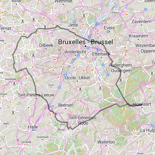 Miniatuurkaart van de fietsinspiratie "Wegroute Alsemberg - Hoeilaart" in Prov. Vlaams-Brabant, Belgium. Gemaakt door de Tarmacs.app fietsrouteplanner