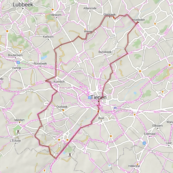 Map miniature of "Hoeleden Gravel Loop via Sint-Margriete-Houtem and Glabbeek" cycling inspiration in Prov. Vlaams-Brabant, Belgium. Generated by Tarmacs.app cycling route planner