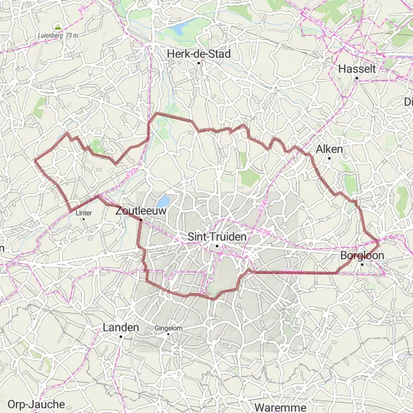 Miniatuurkaart van de fietsinspiratie "Avontuurlijke gravelrit naar Velm en Neerlinter" in Prov. Vlaams-Brabant, Belgium. Gemaakt door de Tarmacs.app fietsrouteplanner