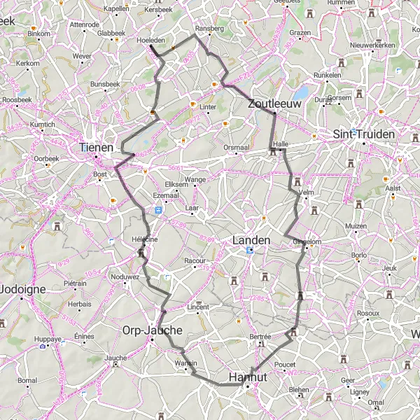 Map miniature of "Scenic Road Loop via Dormaal and Oplinter" cycling inspiration in Prov. Vlaams-Brabant, Belgium. Generated by Tarmacs.app cycling route planner