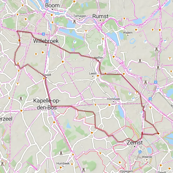 Miniatuurkaart van de fietsinspiratie "Korte gravelroute naar Kapelle-op-den-Bos" in Prov. Vlaams-Brabant, Belgium. Gemaakt door de Tarmacs.app fietsrouteplanner