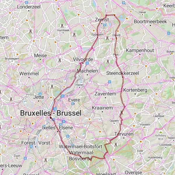 Map miniature of "Steenokkerzeel to Zemst Gravel Adventure" cycling inspiration in Prov. Vlaams-Brabant, Belgium. Generated by Tarmacs.app cycling route planner