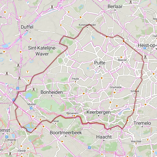 Miniatuurkaart van de fietsinspiratie "Ontspannen grindroute langs Jutse plassen en Rijmenam" in Prov. Vlaams-Brabant, Belgium. Gemaakt door de Tarmacs.app fietsrouteplanner