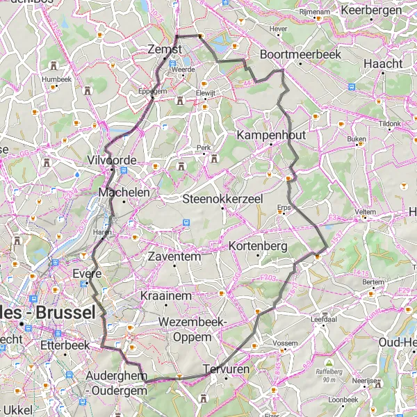 Map miniature of "Nederokkerzeel to Zemst Loop" cycling inspiration in Prov. Vlaams-Brabant, Belgium. Generated by Tarmacs.app cycling route planner