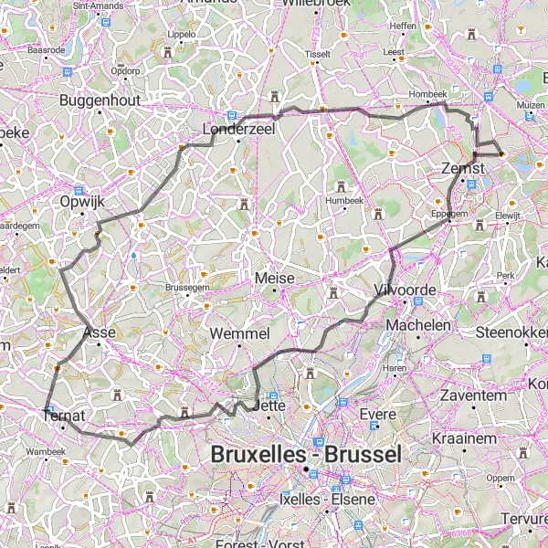 Map miniature of "Countryside Road Adventure" cycling inspiration in Prov. Vlaams-Brabant, Belgium. Generated by Tarmacs.app cycling route planner
