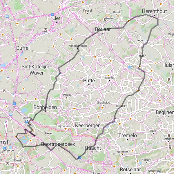 Map miniature of "Bonheiden to Boortmeerbeek Road Loop" cycling inspiration in Prov. Vlaams-Brabant, Belgium. Generated by Tarmacs.app cycling route planner