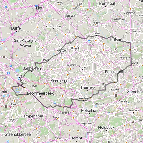 Map miniature of "Bonheiden to Schiplaken Loop" cycling inspiration in Prov. Vlaams-Brabant, Belgium. Generated by Tarmacs.app cycling route planner