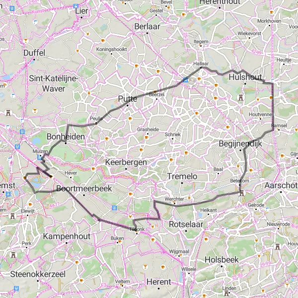 Map miniature of "Bonheiden to Schiplaken Loop (Extended)" cycling inspiration in Prov. Vlaams-Brabant, Belgium. Generated by Tarmacs.app cycling route planner