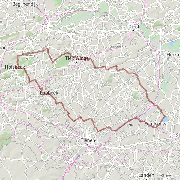 Map miniature of "Beninksberg and Molenbeek-Wersbeek Gravel Adventure" cycling inspiration in Prov. Vlaams-Brabant, Belgium. Generated by Tarmacs.app cycling route planner