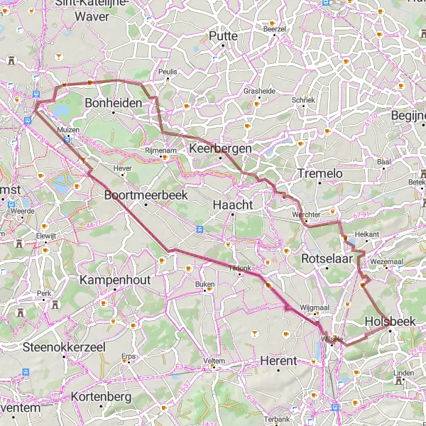 Miniatuurkaart van de fietsinspiratie "Gravelroute door Holsbeek en omgeving" in Prov. Vlaams-Brabant, Belgium. Gemaakt door de Tarmacs.app fietsrouteplanner