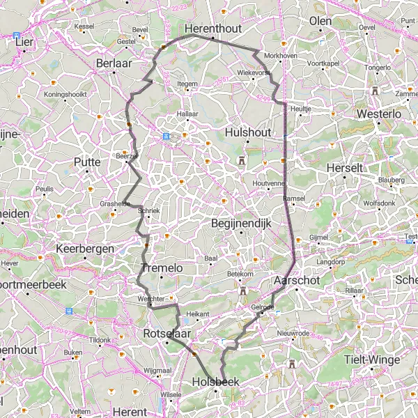 Map miniature of "Holsbeek: The Majestic Castles Route" cycling inspiration in Prov. Vlaams-Brabant, Belgium. Generated by Tarmacs.app cycling route planner