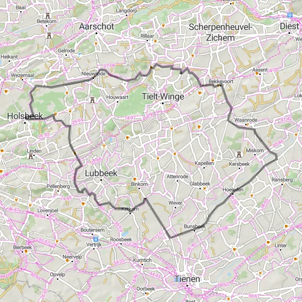 Miniatuurkaart van de fietsinspiratie "Beninksberg en Kerkom Route" in Prov. Vlaams-Brabant, Belgium. Gemaakt door de Tarmacs.app fietsrouteplanner
