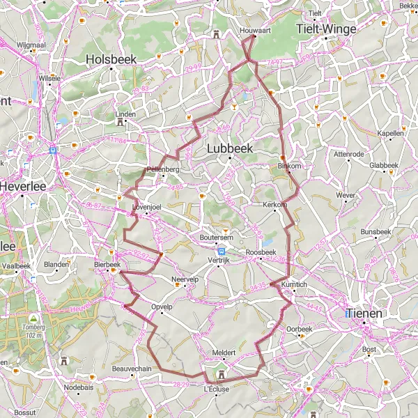 Karten-Miniaturansicht der Radinspiration "Gravelroute durch Binkom und Korbeek-Lo" in Prov. Vlaams-Brabant, Belgium. Erstellt vom Tarmacs.app-Routenplaner für Radtouren