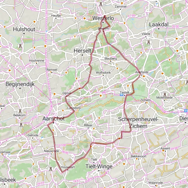 Miniature de la carte de l'inspiration cycliste "Itinéraire mystérieux à travers les collines" dans la Prov. Vlaams-Brabant, Belgium. Générée par le planificateur d'itinéraire cycliste Tarmacs.app
