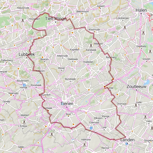 Miniatuurkaart van de fietsinspiratie "Gravelroute Sint-Joris-Winge en omgeving" in Prov. Vlaams-Brabant, Belgium. Gemaakt door de Tarmacs.app fietsrouteplanner