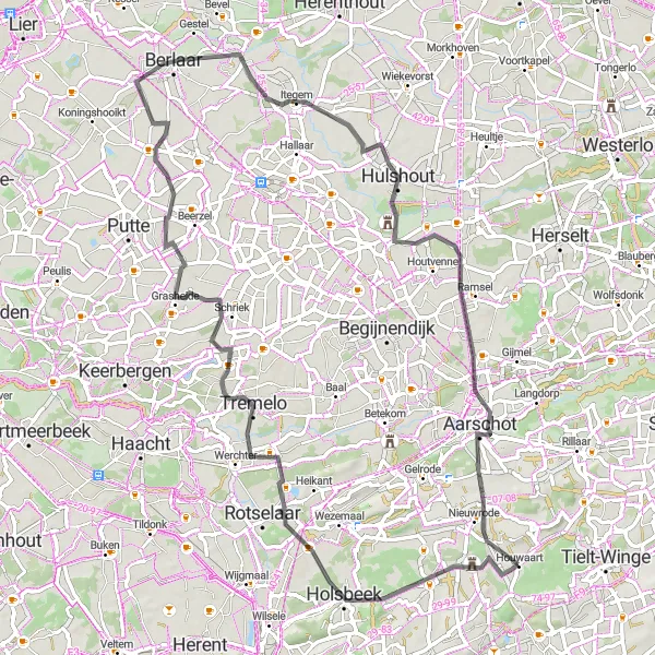 Miniatuurkaart van de fietsinspiratie "Wegroute Dutsel en Itegem" in Prov. Vlaams-Brabant, Belgium. Gemaakt door de Tarmacs.app fietsrouteplanner