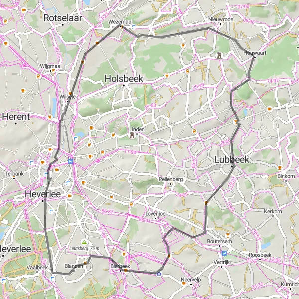 Map miniature of "Lubbeek Loop" cycling inspiration in Prov. Vlaams-Brabant, Belgium. Generated by Tarmacs.app cycling route planner