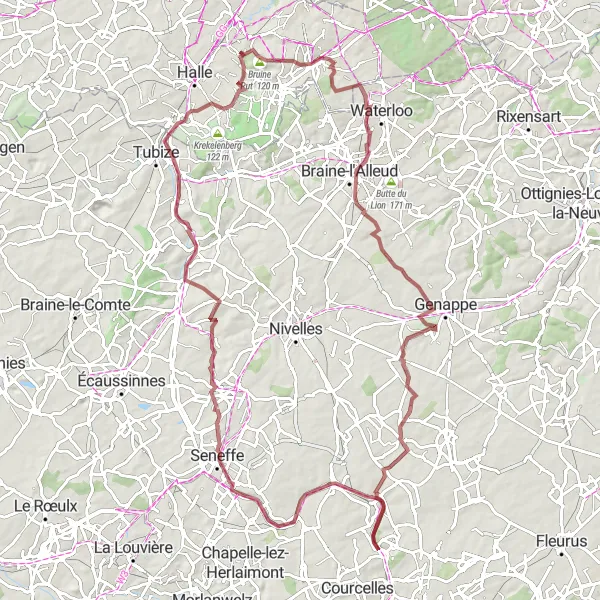 Map miniature of "Exploring Villages and Countryside: A Gravel Tour of Walloon Brabant" cycling inspiration in Prov. Vlaams-Brabant, Belgium. Generated by Tarmacs.app cycling route planner