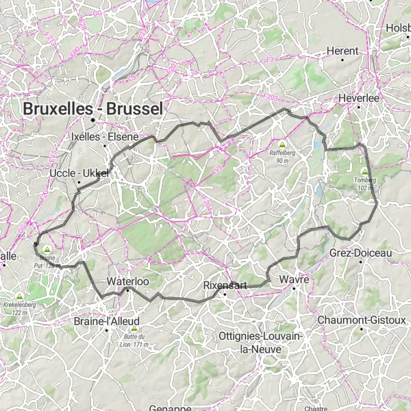 Miniatuurkaart van de fietsinspiratie "Woluwe-Saint-Lambert Loop" in Prov. Vlaams-Brabant, Belgium. Gemaakt door de Tarmacs.app fietsrouteplanner