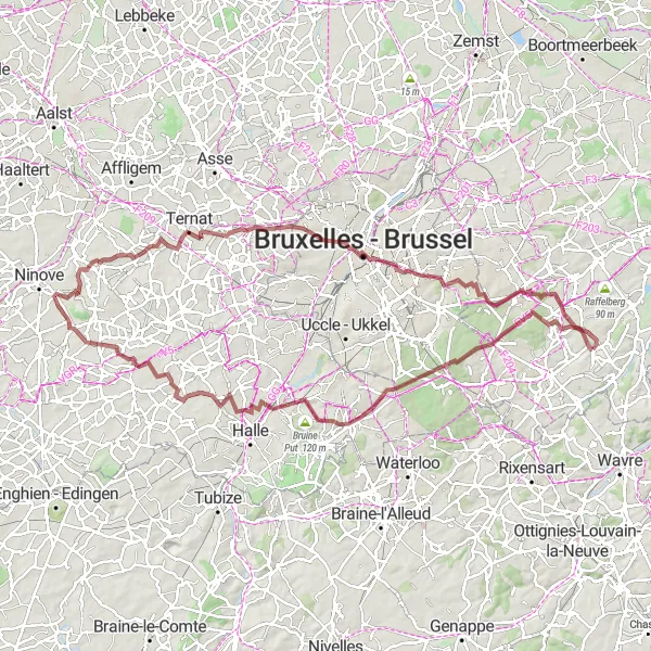 Miniature de la carte de l'inspiration cycliste "Tour des sentiers de gravel de Brabant flamand" dans la Prov. Vlaams-Brabant, Belgium. Générée par le planificateur d'itinéraire cycliste Tarmacs.app