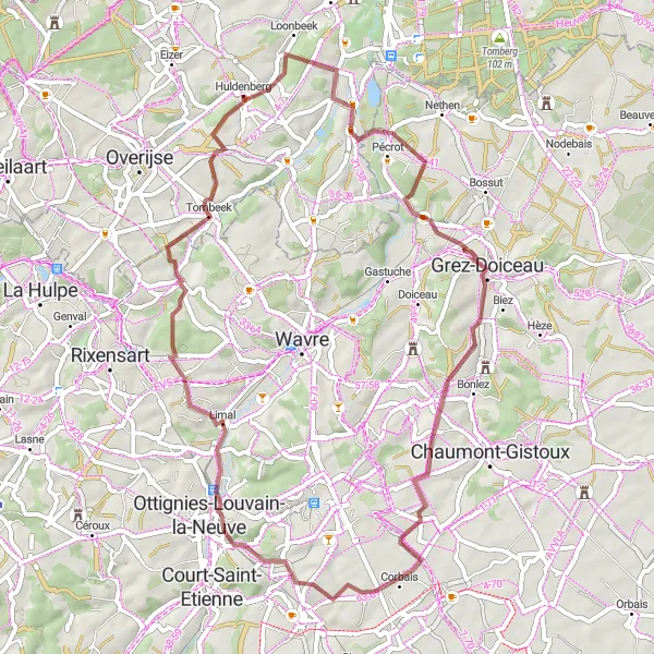 Karten-Miniaturansicht der Radinspiration "53 km Schotterradtour von Huldenberg" in Prov. Vlaams-Brabant, Belgium. Erstellt vom Tarmacs.app-Routenplaner für Radtouren
