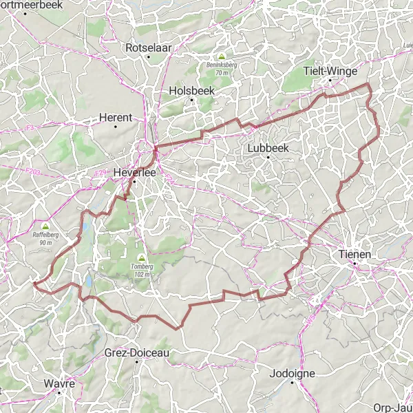 Map miniature of "Huldenberg Gravel Adventure" cycling inspiration in Prov. Vlaams-Brabant, Belgium. Generated by Tarmacs.app cycling route planner