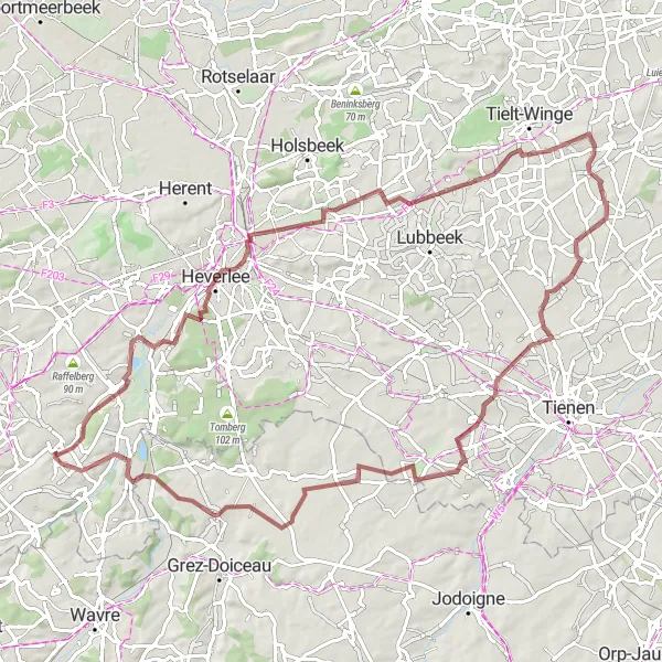 Miniatuurkaart van de fietsinspiratie "Graveltocht door Oud-Heverlee, Vogelkijkwand, Sint-Joris-Winge, Kumtich en Bossut-Gottechain" in Prov. Vlaams-Brabant, Belgium. Gemaakt door de Tarmacs.app fietsrouteplanner