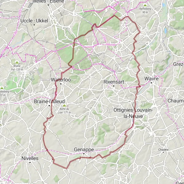 Karten-Miniaturansicht der Radinspiration "80 km Schotterradtour nach Waterloo" in Prov. Vlaams-Brabant, Belgium. Erstellt vom Tarmacs.app-Routenplaner für Radtouren