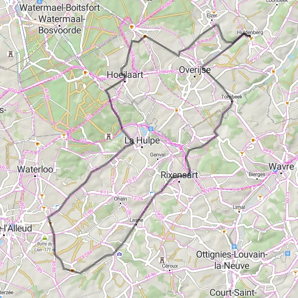 Miniature de la carte de l'inspiration cycliste "Boucle Tombeek-Lasne près de Huldenberg" dans la Prov. Vlaams-Brabant, Belgium. Générée par le planificateur d'itinéraire cycliste Tarmacs.app