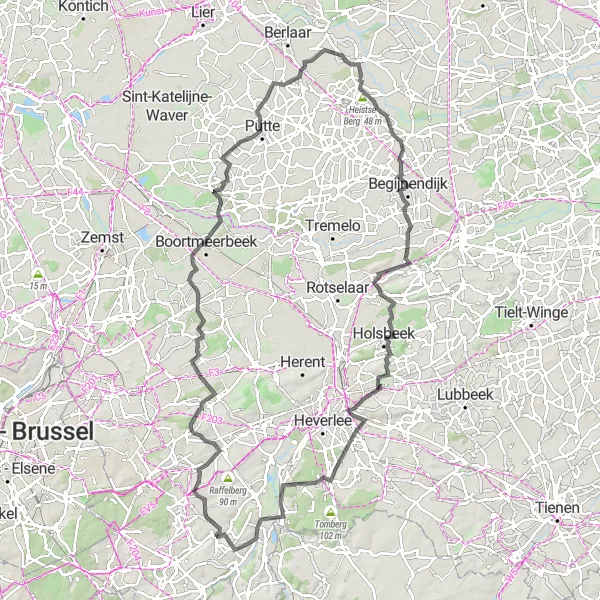 Miniatuurkaart van de fietsinspiratie "106 km Road route from Huldenberg" in Prov. Vlaams-Brabant, Belgium. Gemaakt door de Tarmacs.app fietsrouteplanner