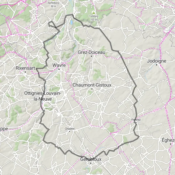 Miniature de la carte de l'inspiration cycliste "Les Collines de Gembloux" dans la Prov. Vlaams-Brabant, Belgium. Générée par le planificateur d'itinéraire cycliste Tarmacs.app