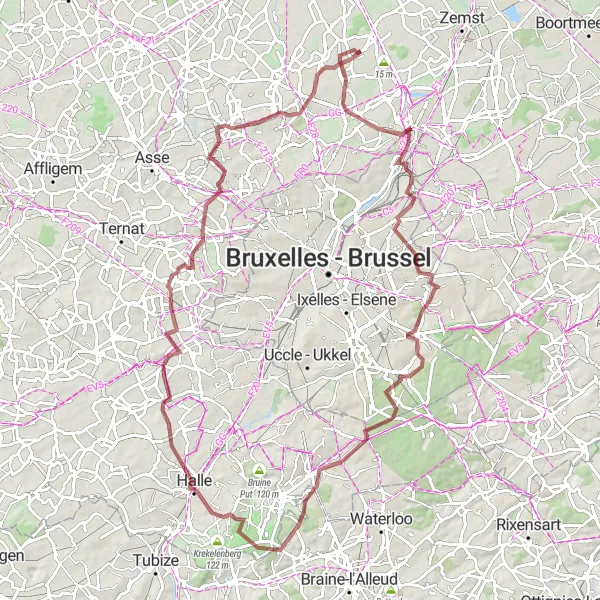 Miniatuurkaart van de fietsinspiratie "Gravelroute langs Bird observation point Kruiskouter" in Prov. Vlaams-Brabant, Belgium. Gemaakt door de Tarmacs.app fietsrouteplanner