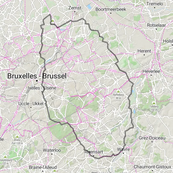 Miniatuurkaart van de fietsinspiratie "Uitdagende fietsroute naar Wavre en Kasteel van Fougeraie" in Prov. Vlaams-Brabant, Belgium. Gemaakt door de Tarmacs.app fietsrouteplanner
