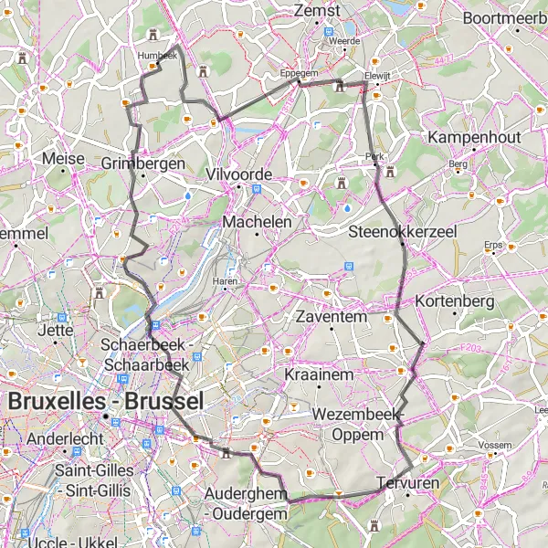 Map miniature of "Scenic Countryside Cycling Route from Humbeek" cycling inspiration in Prov. Vlaams-Brabant, Belgium. Generated by Tarmacs.app cycling route planner