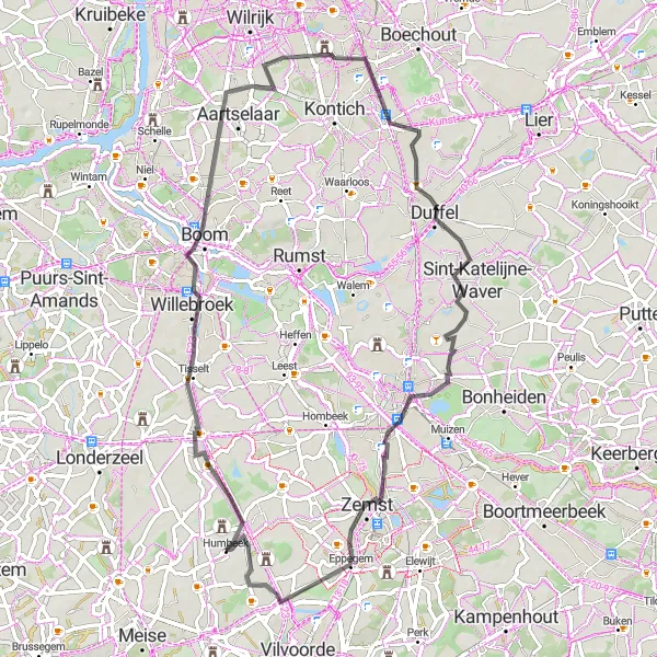 Map miniature of "Leisurely Cycling Loop from Kapelle-op-den-Bos" cycling inspiration in Prov. Vlaams-Brabant, Belgium. Generated by Tarmacs.app cycling route planner