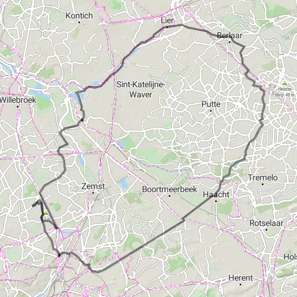 Map miniature of "Cycling Route Around Humbeek and Surrounding Areas" cycling inspiration in Prov. Vlaams-Brabant, Belgium. Generated by Tarmacs.app cycling route planner