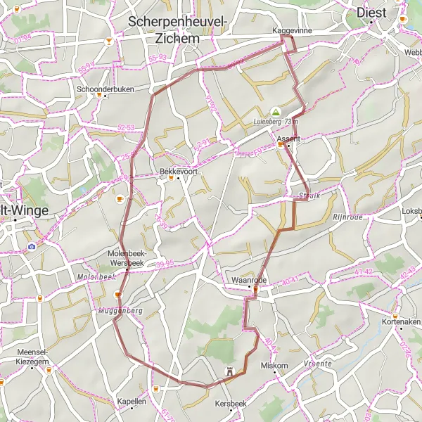 Miniatuurkaart van de fietsinspiratie "Kaggevinne - Molenbeek-Wersbeek Gravelroute" in Prov. Vlaams-Brabant, Belgium. Gemaakt door de Tarmacs.app fietsrouteplanner